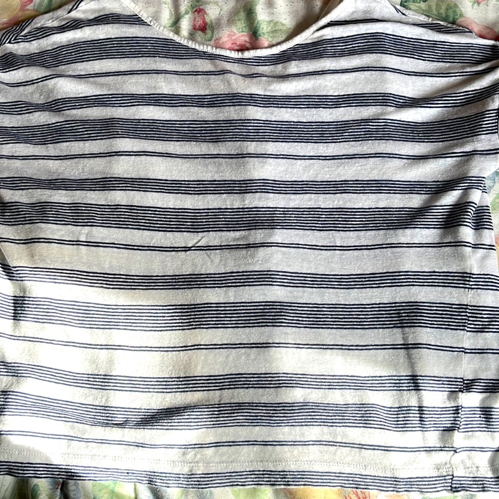 Beautiful blue and white striped blouse, sized Medium/Large. Brand is unknown.